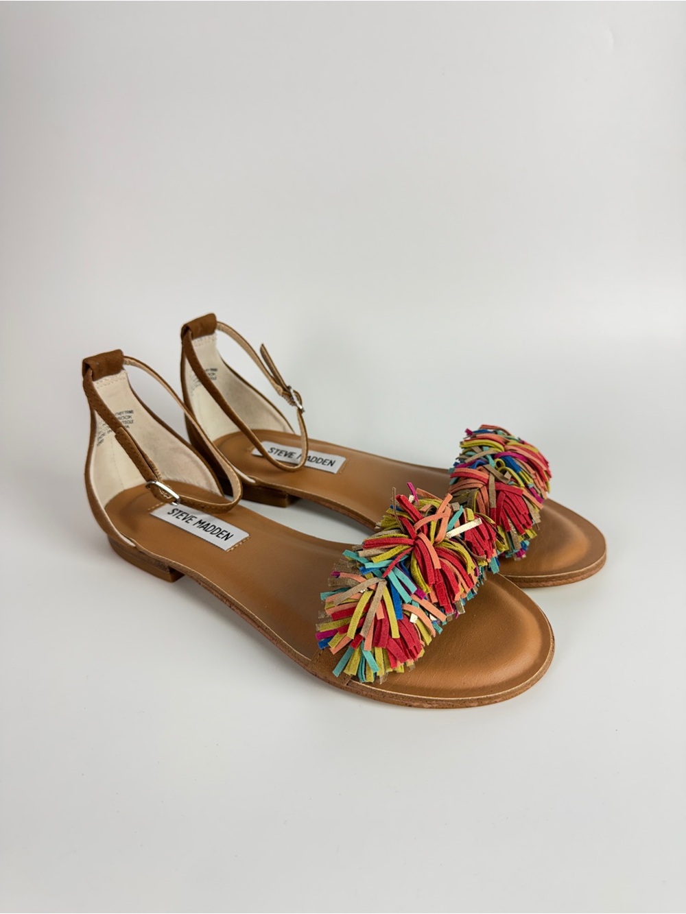 Steve Madden Tan Leather Sandals with Multicolor Fringe